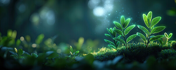 Poster - Lush green leaves thrive in a serene forest, symbolizing nature's beauty and resilience.