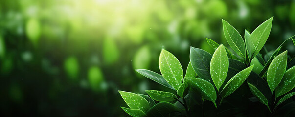 Poster - Lush green leaves with sunlight streaming softly in a serene, natural environment.