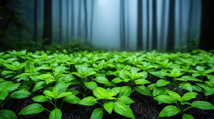 Poster - Lush green plants thriving in a misty forest, symbolizing nature's resilience and beauty.