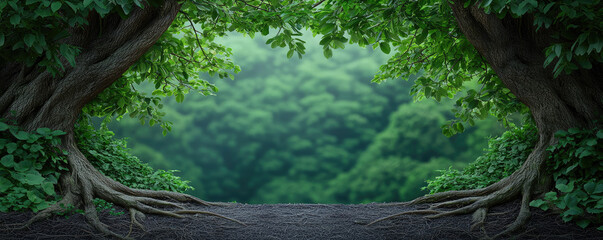 Poster - Lush green trees frame a peaceful view of a dense forest in soft morning light.