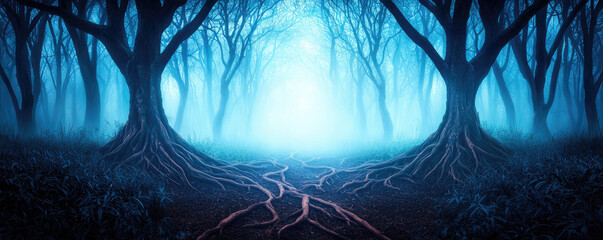 Poster - Mysterious forest with ethereal light filtering through dark trees and exposed roots.