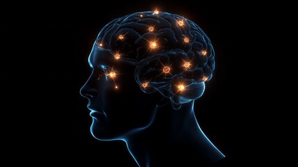 Poster - Intricate details of a human head are highlighted, revealing a luminous brain where neural pathways spark with vibrant light. This artwork reflects on cognition and perception