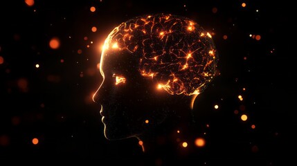Poster - This captivating visual features a human head, intricately designed with glowing neural patterns, set against a dark, dramatic backdrop. The illumination creates a striking contrast