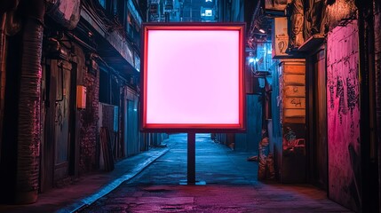 Poster - A vacant billboard in a dimly lit urban alley, illuminated in vibrant pink hues.