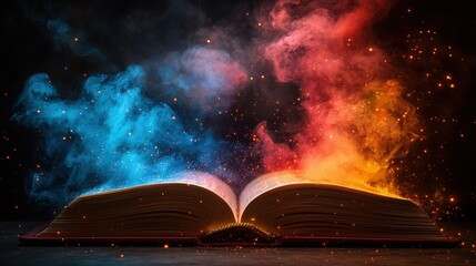 Poster - Enchanting Mystical Book Surrounded by Colorful Swirls of Blue and Orange Smoke Radiating Light and Sparkles in a Dark Background