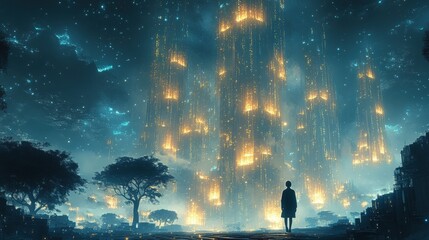 Poster - Futuristic cityscape with luminous skyscrapers, a lone figure standing in the foreground, surrounded by glowing lights and a mystical atmosphere at night