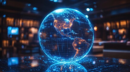 Poster - Glowing Digital Globe with Americas Illumination, Showcasing Modern Geographic Representation in a Contemporary Setting with Abstract Lighting Effects