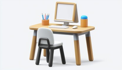 Poster - A modern 3D illustration of a room interior designed as a workplace, featuring a desk, chair, and computer on a table. The office or home space is empty, with white decor, a window with curtains, and