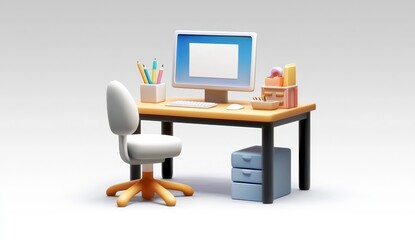 Poster - An interior view of a room designed as a workplace, complete with a desk, chair, and computer on a table. The space is empty, with a white color scheme, a window with curtains, and a picture frame on