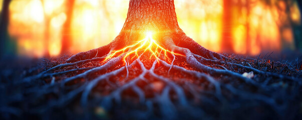 Poster - Stunning roots of a tree glowing with sunlight in a vibrant forest setting.