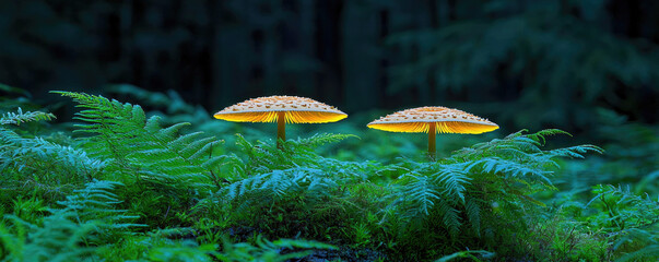 Poster - Two luminous mushrooms emerge from lush green ferns in a serene forest environment.