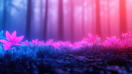 Poster - Vibrant, colorful flowers bloom in a mystical forest, illuminated by enchanting lights.