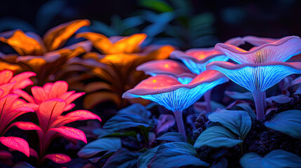 Poster - Vibrant bioluminescent mushrooms surrounded by lush tropical foliage at night.