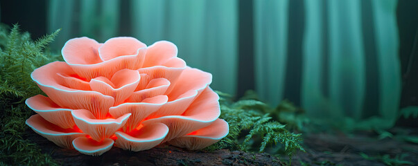 Poster - Vibrant coral mushroom blooming in lush green forest, showcasing nature's beauty.