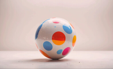 Aufkleber - White and blue ball with orange and blue dots. It is sitting on a white surface. The ball is round and has a polka dot pattern