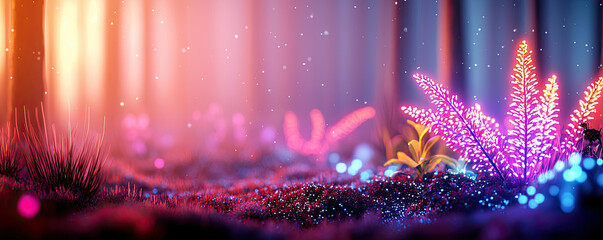 Poster - Vibrant forest scene with colorful glowing plants and enchanting atmosphere.