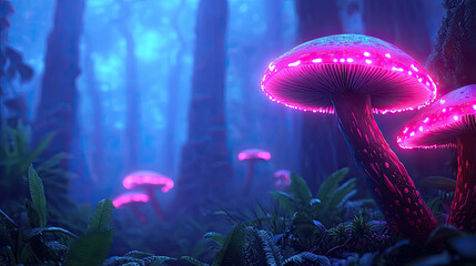 Poster - Vibrant glowing mushrooms in a mystical, foggy forest environment.