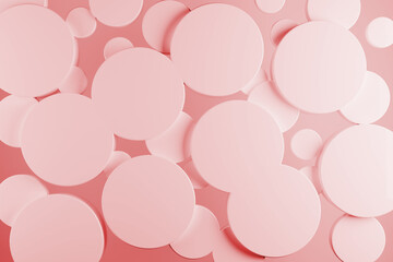 Fototapete - Light pink abstract background with flying plastic cylinders, pattern in soft light, top view. 3D illustration with circles in contemporary, simplicity, geometric style for sale, advertising, design.
