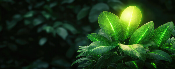 Aufkleber - Vibrant green leaves with a soft glow, symbolizing nature and growth in a lush environment.