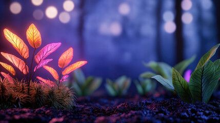 Poster - Vibrant illuminated leaves in a magical forest setting with glowing bokeh effects.