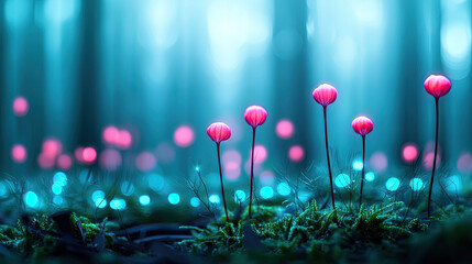 Aufkleber - Vibrant pink flowers in a mystical forest illuminated by soft blue light.