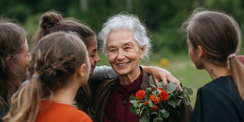 Sticker - A group of young girls hug an elderly woman who is holding a bouquet of flowers. Concept of warmth and affection between the generations