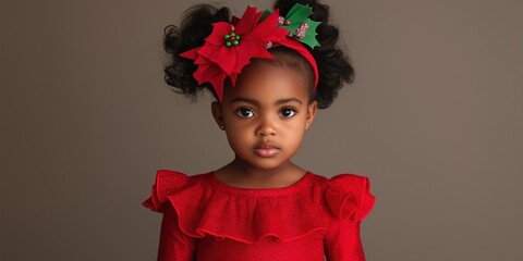 Wall Mural - A young girl wearing a red dress and a red flower headband. She is looking at the camera