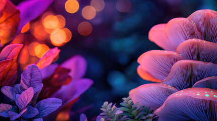Poster - Vibrant plants and glowing mushrooms illuminated by soft, colorful light.