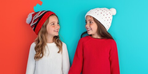 Wall Mural - Two young girls wearing red and white hats are smiling at the camera. They are standing next to each other and holding hands. The image has a cheerful and friendly mood