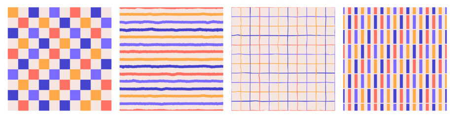 Wall Mural - seamless pattern set of multicolored hand drawn curved checkered lines, strip. trendy design with ab