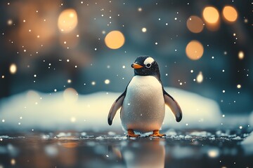 Poster - A penguin stands in a snowy landscape with soft bokeh lights in the background.