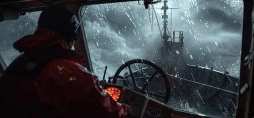 Poster - As the storm intensifies the crew works together to maintain precise control over the ships engine and steering communicating with swift hand signals and commands.