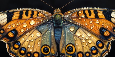 Aufkleber - A close-up of a butterfly with vibrant colors and water droplets on its wings.
