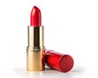 © Ольга - A striking red lipstick with a glossy finish rests upright, while its cap lies beside it, creating an inviting display. The setting emphasizes beauty and elegance