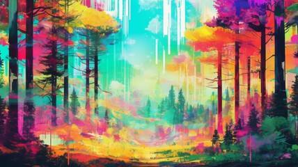 glitch art watercolor forest illustration, colorful trees painting, tall forest illustration, watercolor glitch art nature forest tall trees pastel nature trees ,abstract watercolor background