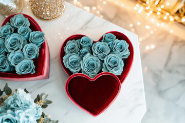 Wall Mural - blue roses in a red heart-shaped box