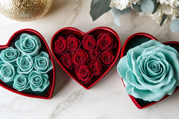 Wall Mural - blue, red roses in a red heart-shaped box