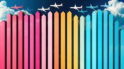 Poster - A row of colorful airplane icons departing from a bustling airport terminal, signifying the excitement and possibilities of air travel.