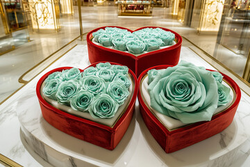 Wall Mural - blue roses in a red heart-shaped box