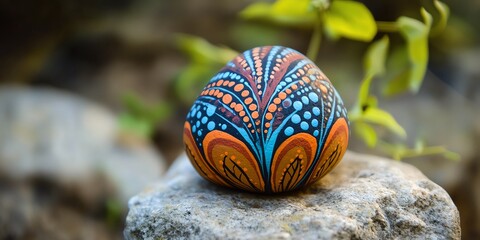 Poster - A beautifully painted decorative stone resting on a rock with greenery in the background.