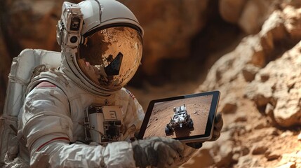 Poster - Astronaut explores another planet using a tablet to view rover data in futuristic landscape