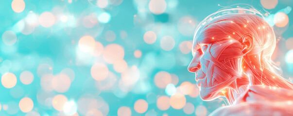 Poster - Anatomical human head illustration glowing with vibrant colors and neural connections.