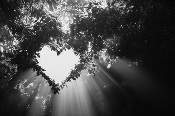 Wall Mural - black and white photo of leaves, trees, branches in the form of a silhouette of a heart, silhouette 