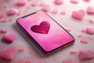 Wall Mural - pink heart on a pink background, on the desktop of the phone, the phone is lying on a light-colored table, there are hearts around it