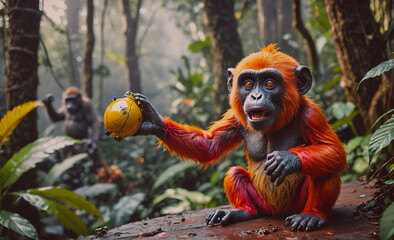 Poster - Baby monkey holding a yellow ball. The monkey is sitting on a rock. There are other monkeys in the background