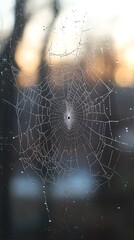 Aufkleber - A close-up of a spider web with droplets of water, reflecting soft light in the background.