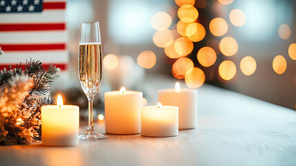 Aufkleber - Festive scene with candles, champagne, and holiday decorations in soft, warm lighting.