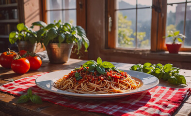 Poster - Plate of spaghetti with meat sauce and basil on top. There are also tomatoes and basil on the table