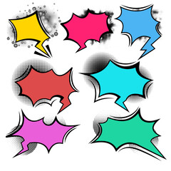 Fototapete - set of comic speech bubbles and elements balloon communication message set with black halftone shadows pop art style on isolated background