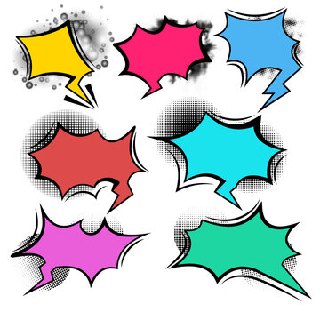 set of comic speech bubbles and elements balloon communication message set with black halftone shadows pop art style on isolated background